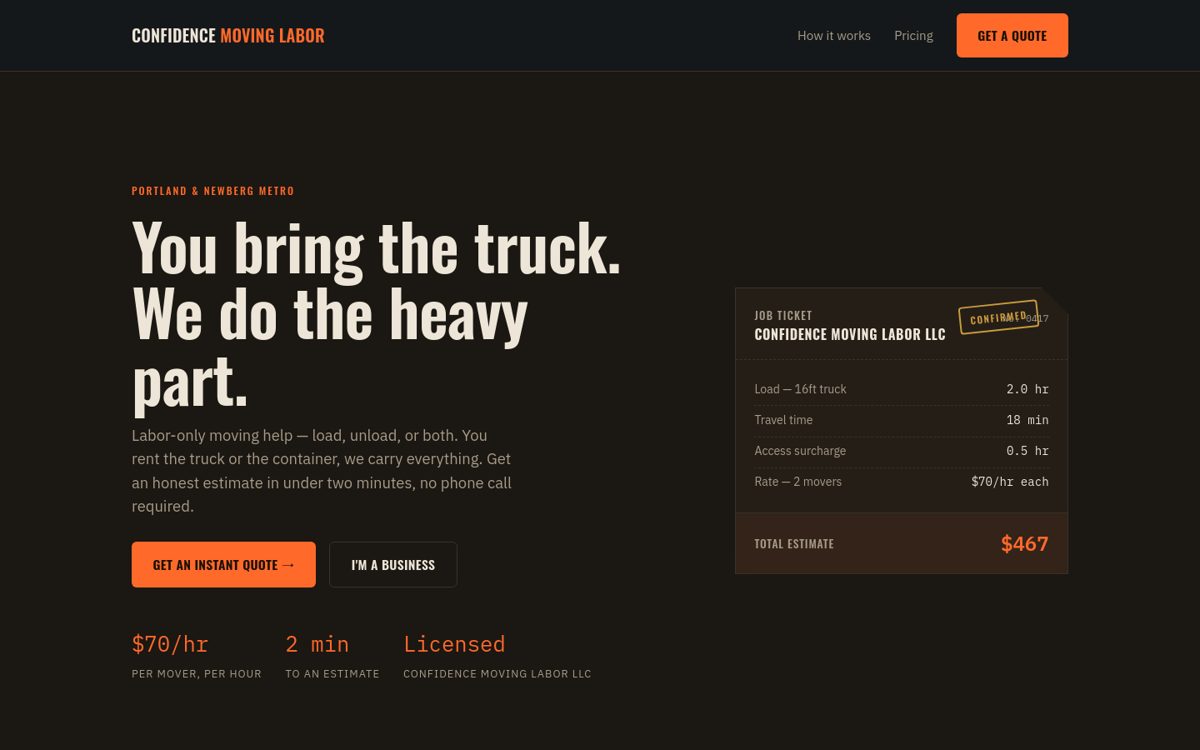 Confidence Moving Labor homepage with an instant job estimate ticket