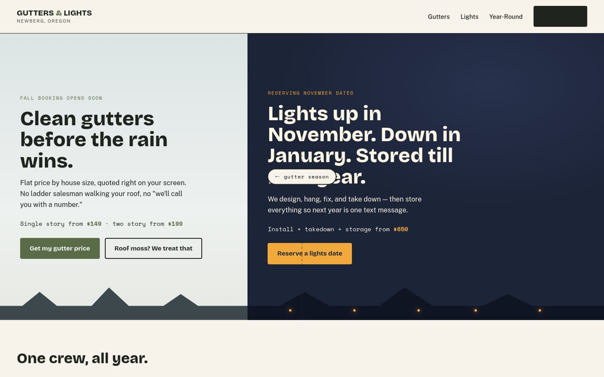 Gutters and Lights split screen site